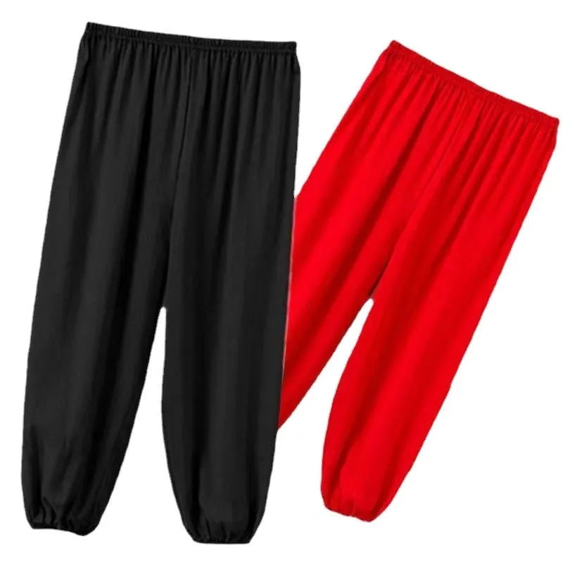 Children's black high elasticity Sanda martial arts practice pants made from Lycra.