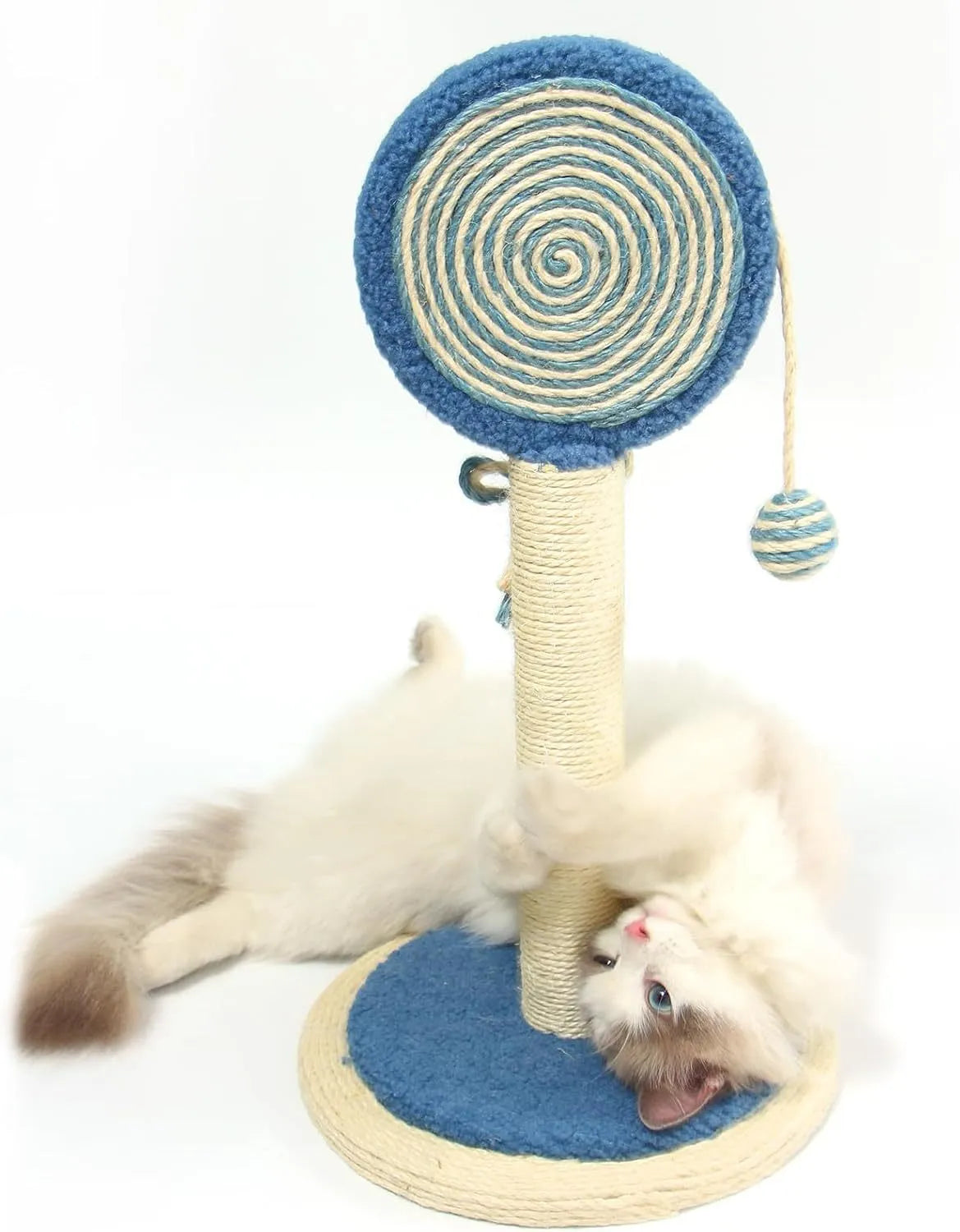 Blue cat scratching post with sisal rope and hanging ball on wooden base