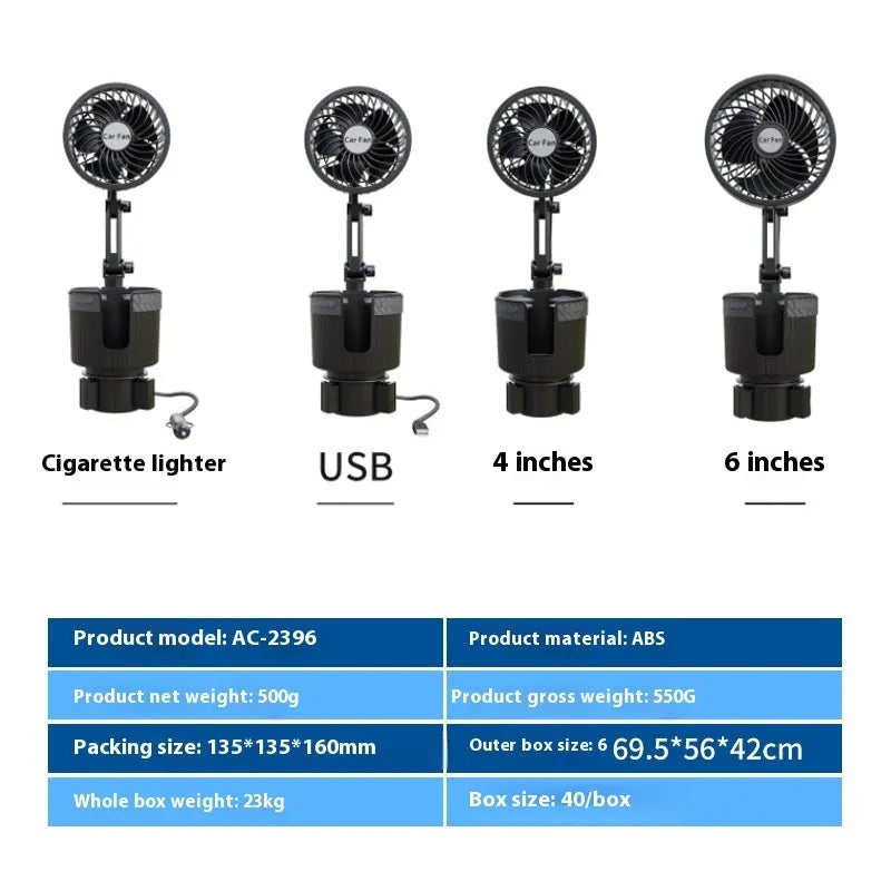 Car water cup holder fan in vehicle with 4-inch or 6-inch diameter and cigarette lighter or USB power cord