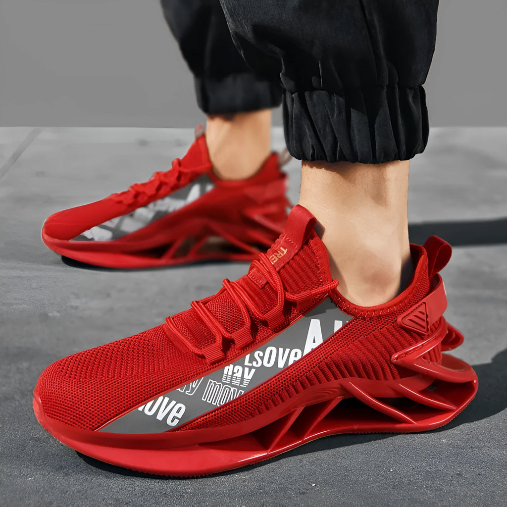 Men's casual exercise shoes with fly woven mesh upper in black, red, white, or blue colours