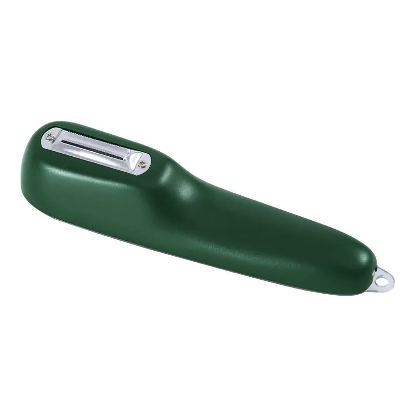 Green kitchen peeler with storage tube for potatoes and apples, showing stainless steel blade and hanging hole