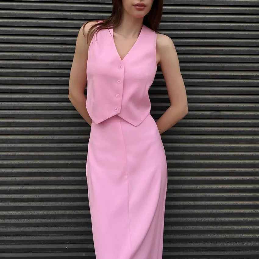 Pink sleeveless vest and long split skirt suit for women, polyester two-piece set in sizes S, M and L
