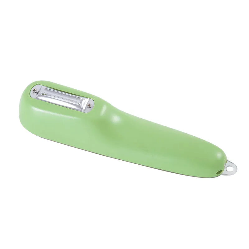 Dark green kitchen peeler with storage tube and stainless steel blade for fruit and vegetable peeling
