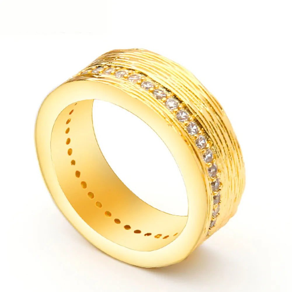 Gold geometric women's zircon ring on a white background, showing size options L, M, N.