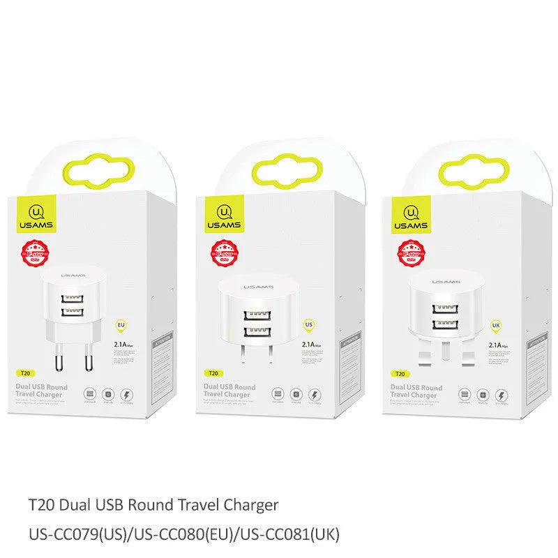 White portable USB phone charger with built-in US EU UK adapter plugs showing compact dimensions