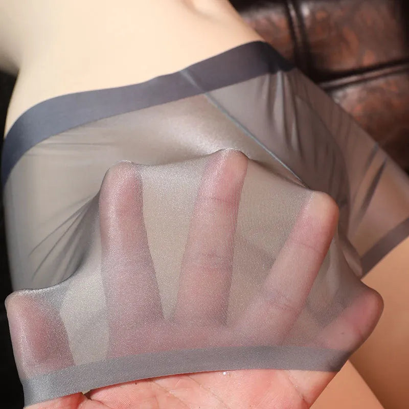 Men's ultra-thin transparent ice silk boxer shorts in nylon fabric showing light grey colour option