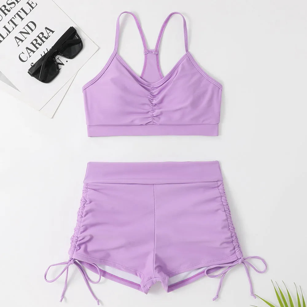 Women's solid colour high waist split swimsuit bikini set with spandex lining