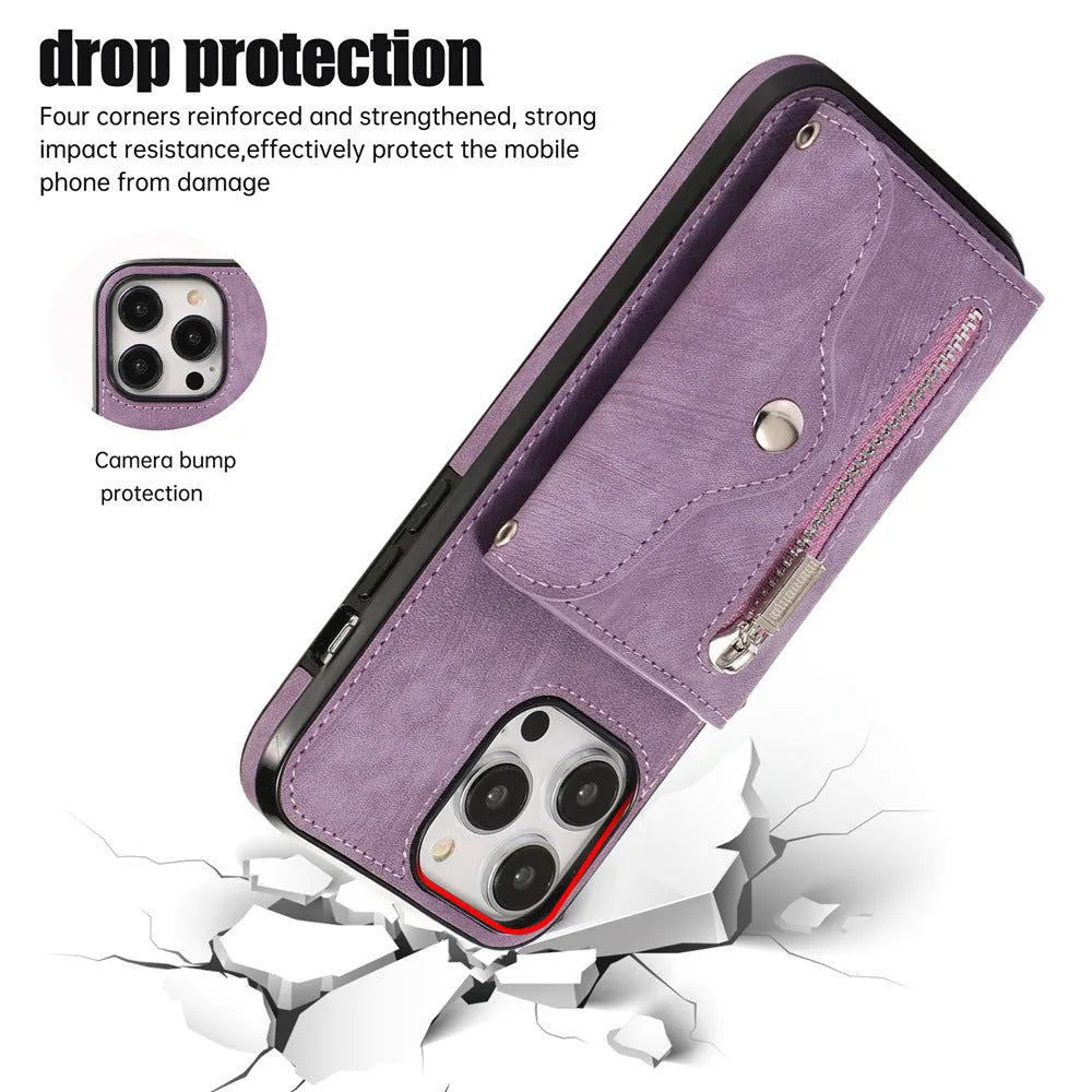 Blue polyurethane phone case with crossbody rope and built-in bracket for iPhone