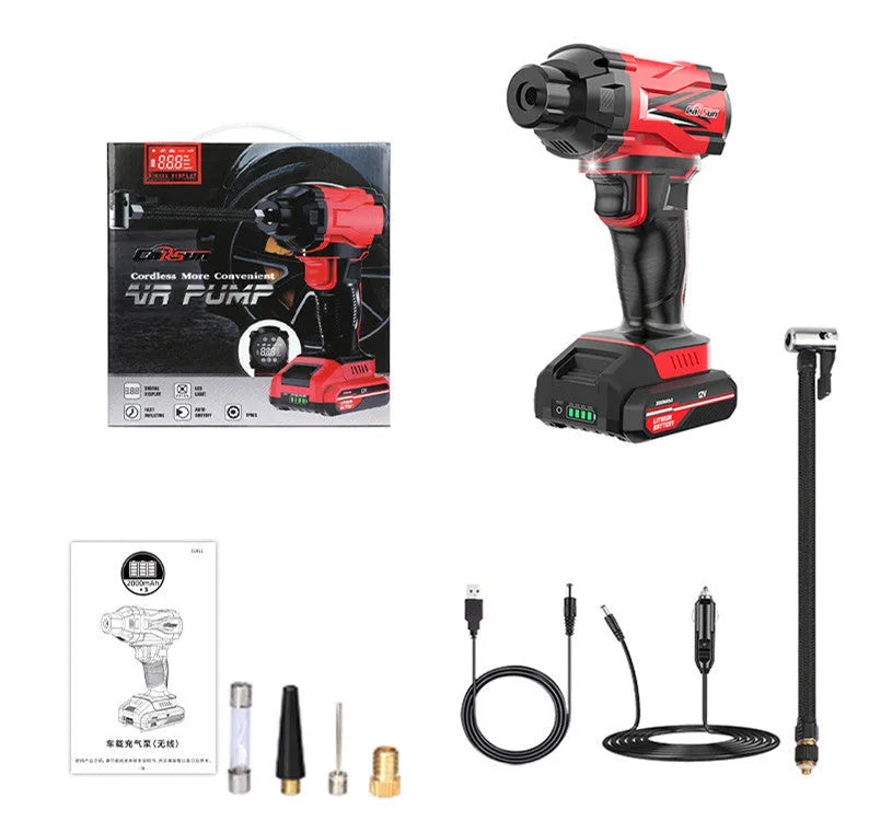 Red and black wireless car air pump with digital display, power cable, and multiple nozzle attachments