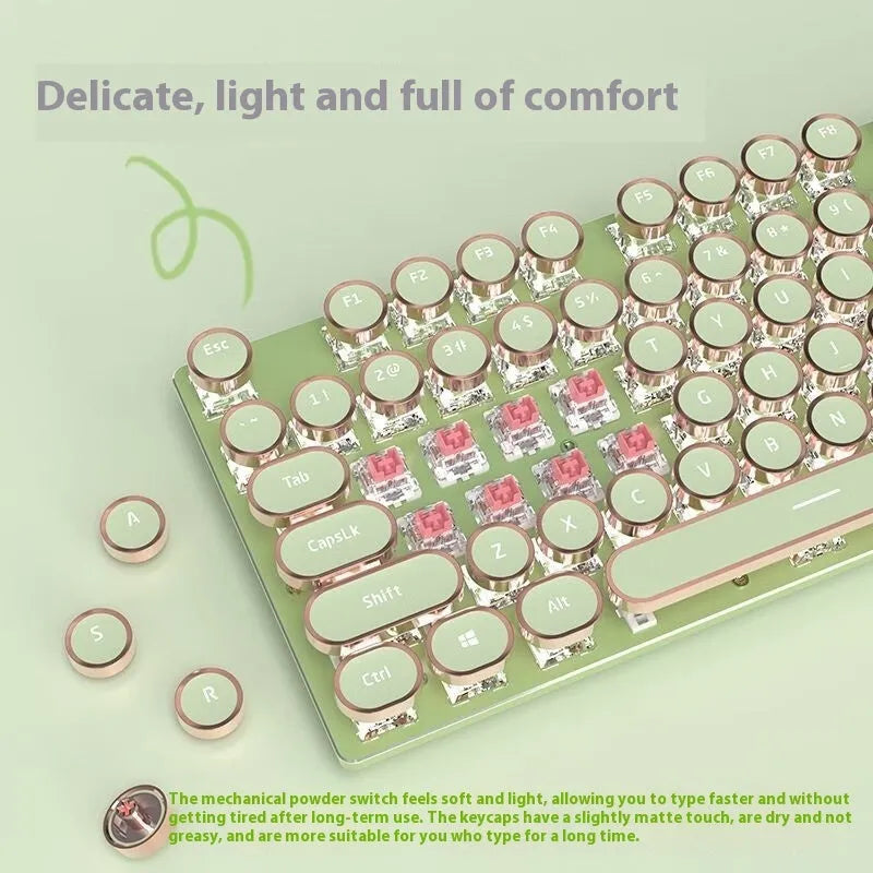 Matcha green mechanical gaming keyboard with white backlighting on a desk