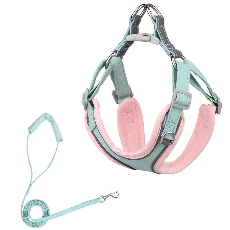 Adjustable suede dog harness and leash set in blue and yellow colour for small to medium dogs