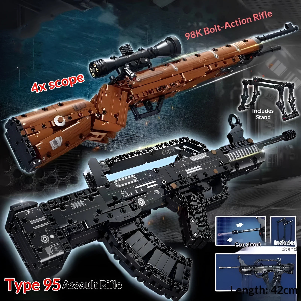 Building blocks toy gun model kit with launch mechanism, bullet assembly, colour box, and rifle style options