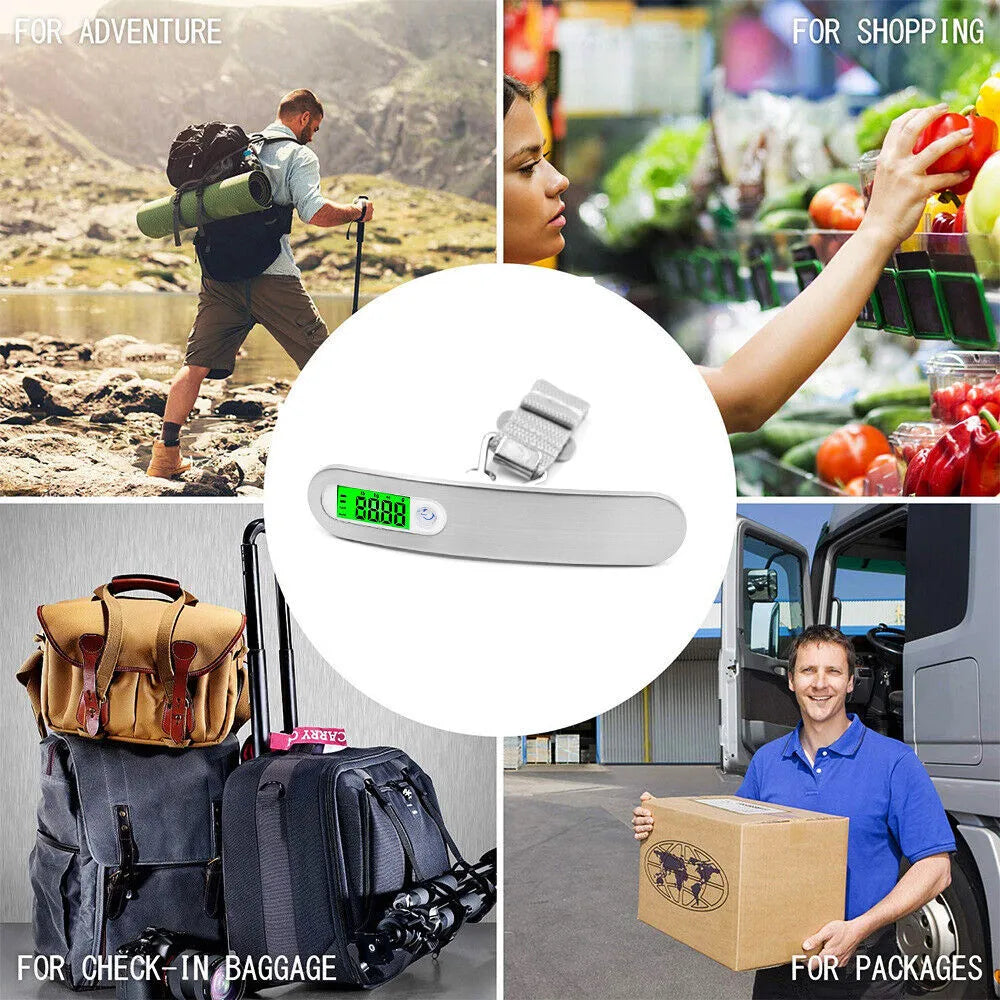 Silver portable LCD digital luggage scale with belt on handle, 50kg capacity