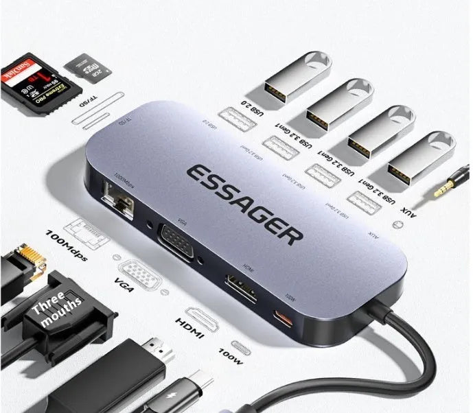 11-in-1 USB C expansion dock with multiple ports including Ethernet, HDMI, and USB connections