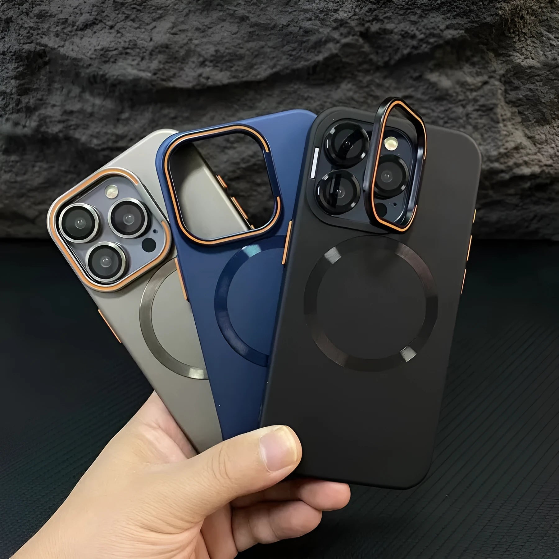 Frosted magnetic phone case with lens protector for iPhone 14 or 15 in Black, Gold, Navy, Pink
