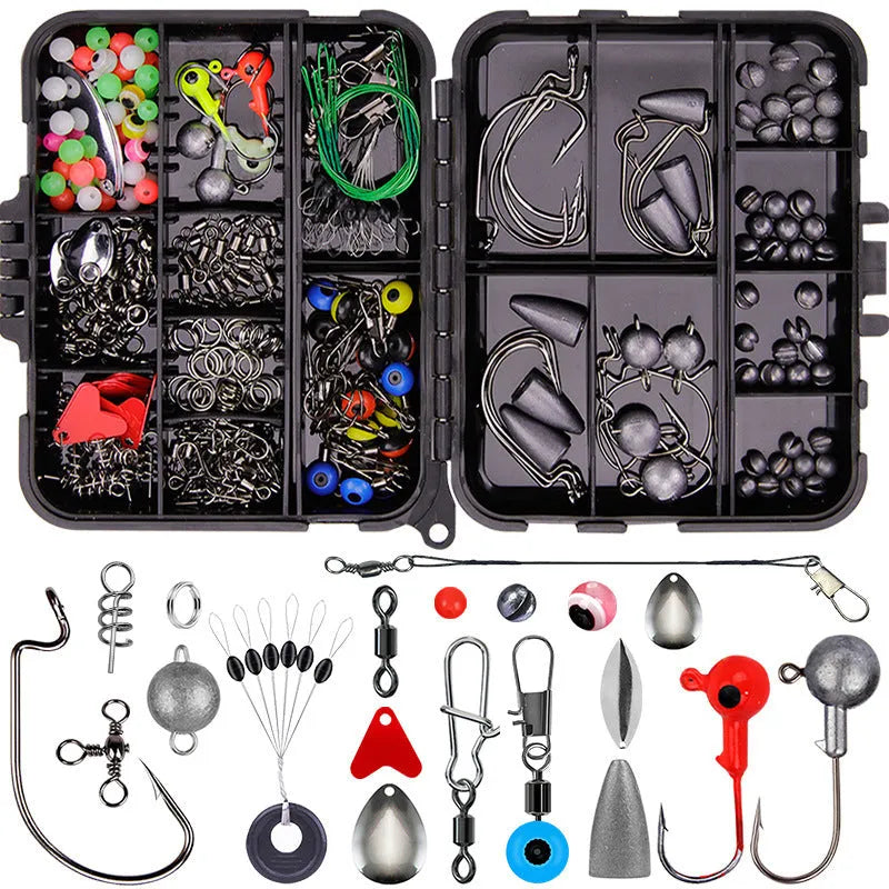 Orange ABS fishing tackle box open to show 257-piece fishhook and lure accessory set