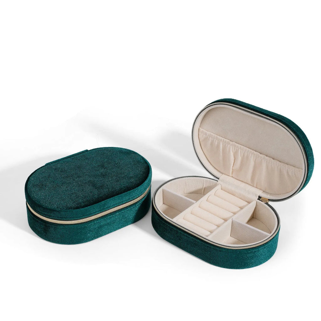 Oval velvet jewellery storage box with flannel interior in multiple colour choices.