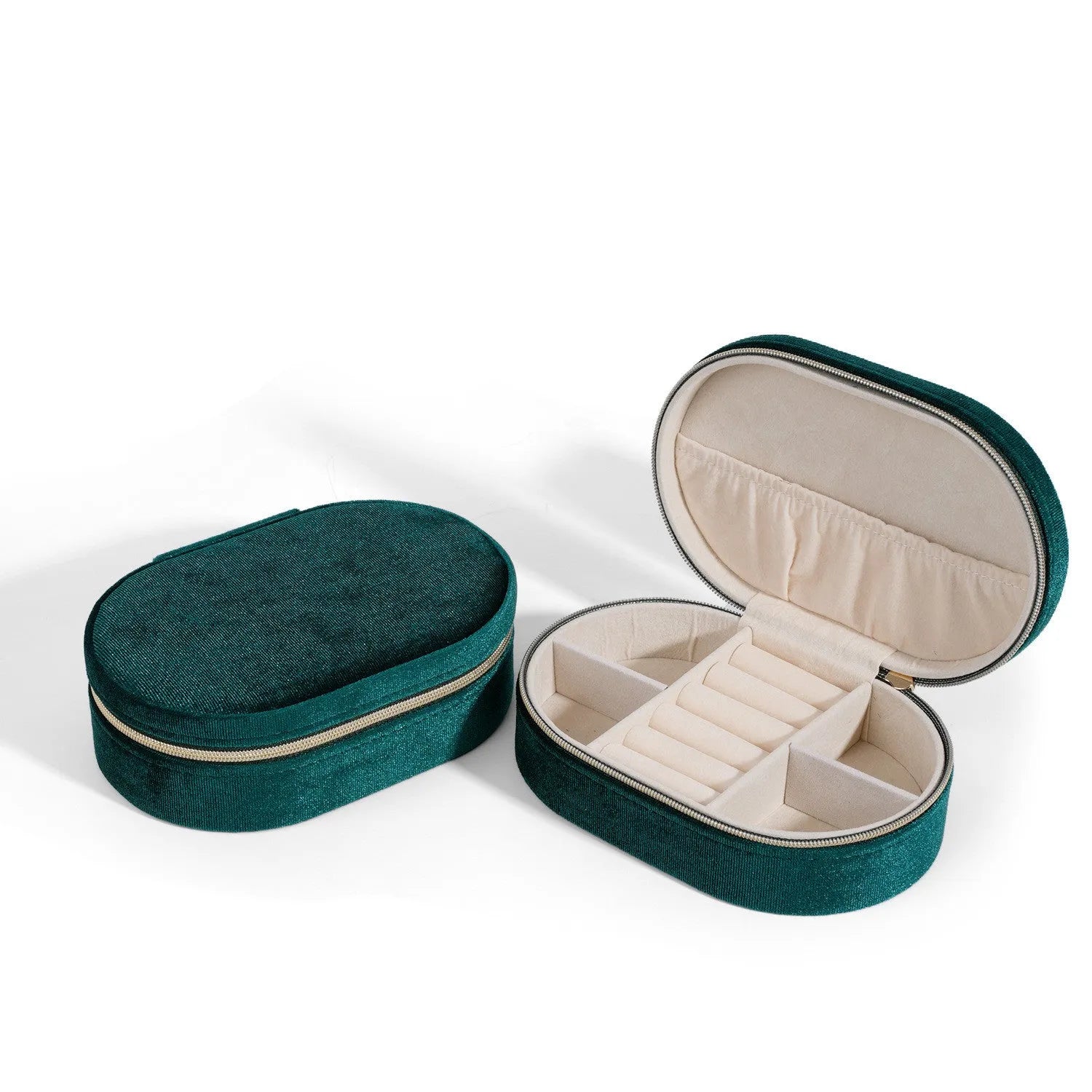 Oval velvet jewellery storage box with flannel interior in multiple colour choices.