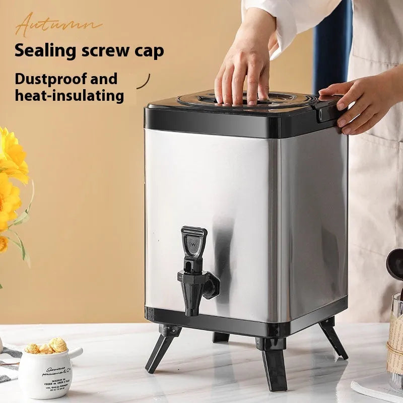 Silver stainless steel milk tea bucket with square lock and handle, 8 litre capacity
