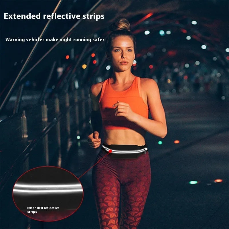 Lightweight waterproof running pouch in black with stretch fit and reflective strip for outdoor sports