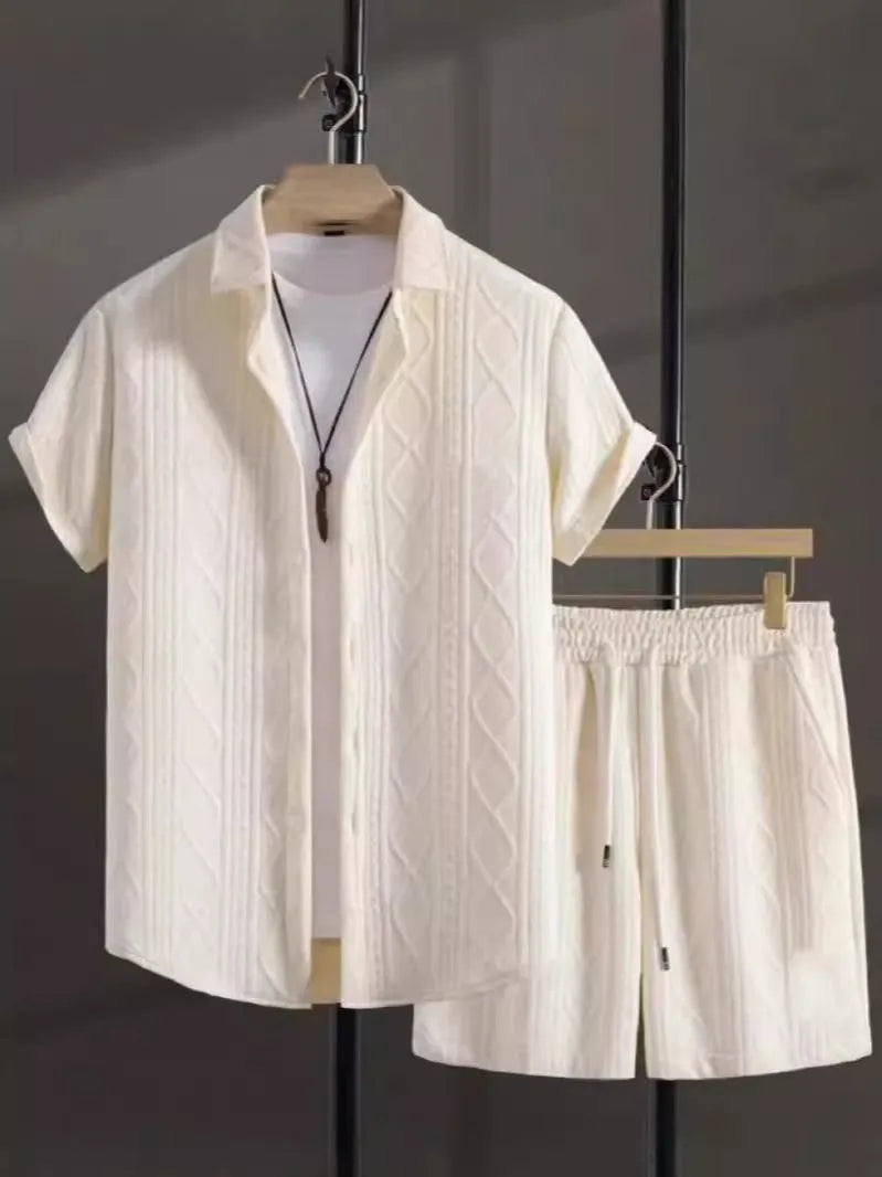 Men's black and white suit shorts set with short sleeve shirt and matching shorts