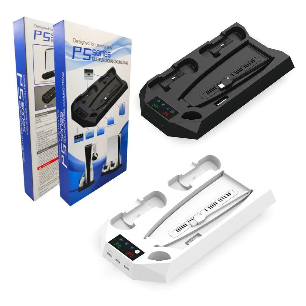 White PS5 charging and cooling dock station with two controllers on charge and headset on hook