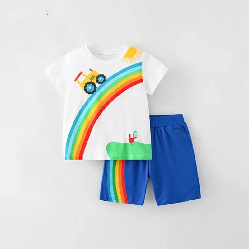 Baby boys' ivory white rainbow short sleeve summer cotton two-piece suit set for toddlers