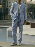 Blue and white striped polyester suit set with blazer and regular fit trousers