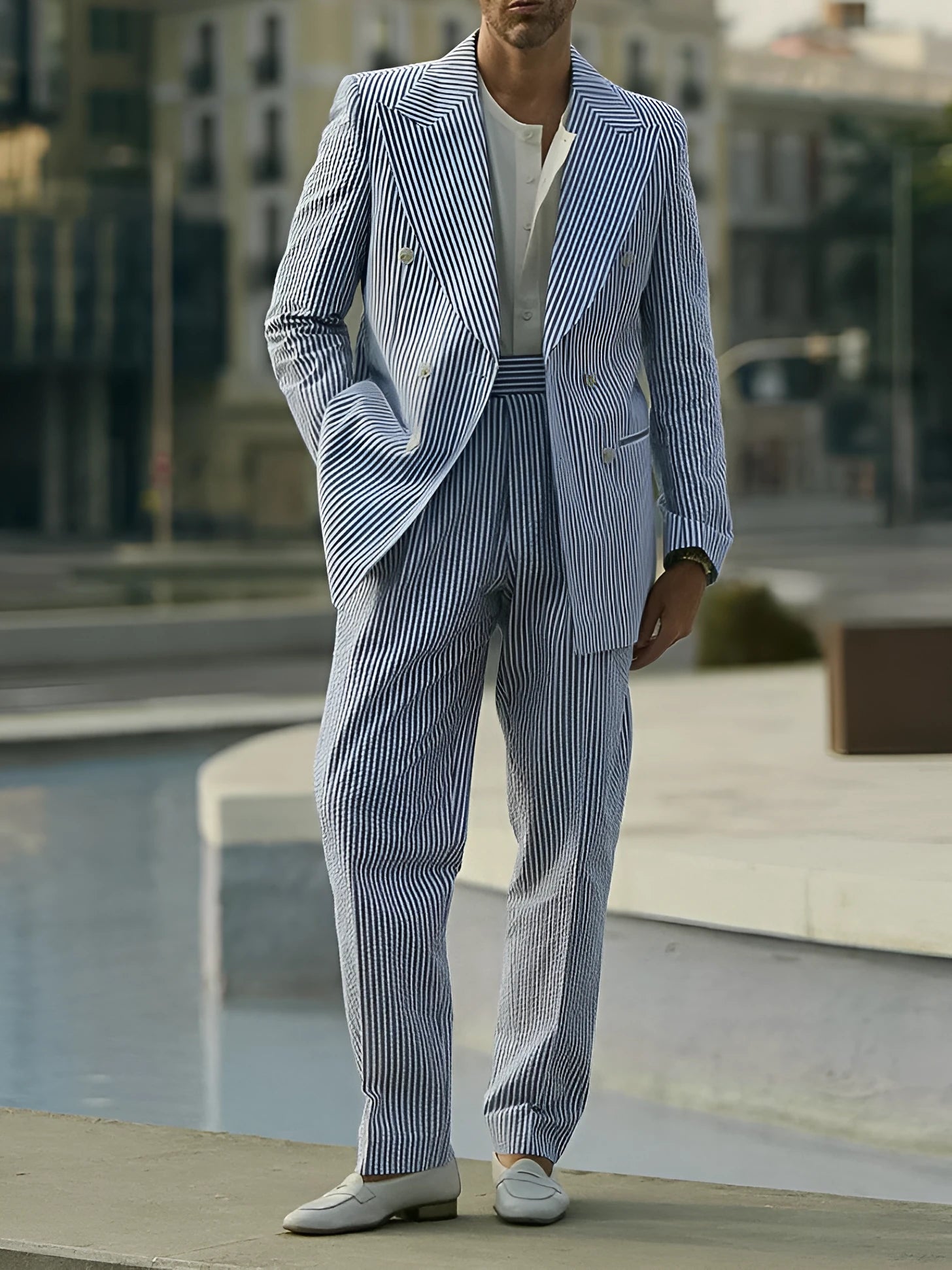 Blue and white striped polyester suit set with blazer and regular fit trousers