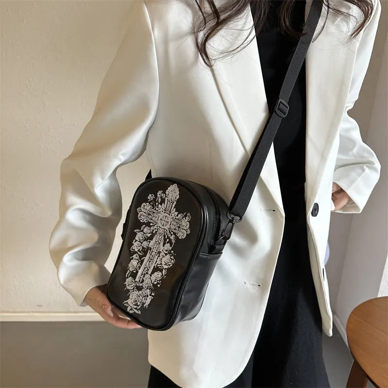 Halloween graffiti crossbody bag with pumpkin ghost bat print in medium 14x23x9.5cm size