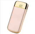Square aluminium alloy power bank with digital display in pink, black, white, gold, and blue colours.