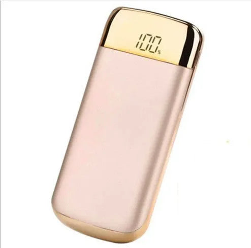 Square aluminium alloy power bank with digital display in pink, black, white, gold, and blue colours.