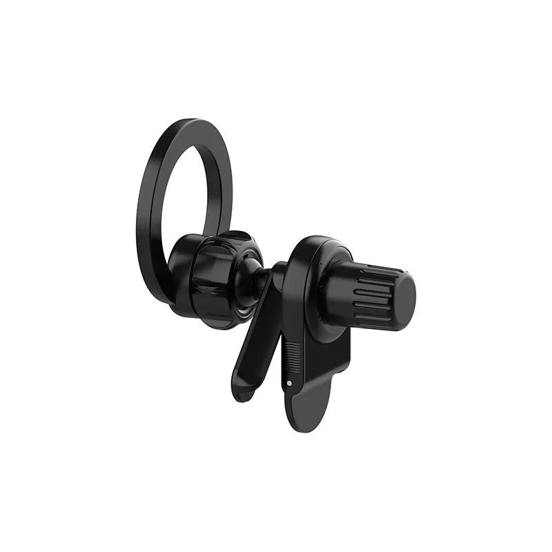 Black plastic magnetic ring phone holder attached to vehicle display screen with universal base and ring magnet