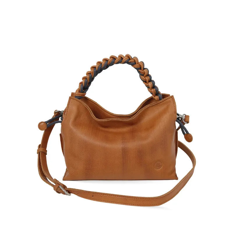 Women's cortex splicing woven leather crossbody bag in orange colour with top grain leather finish and zipper closure