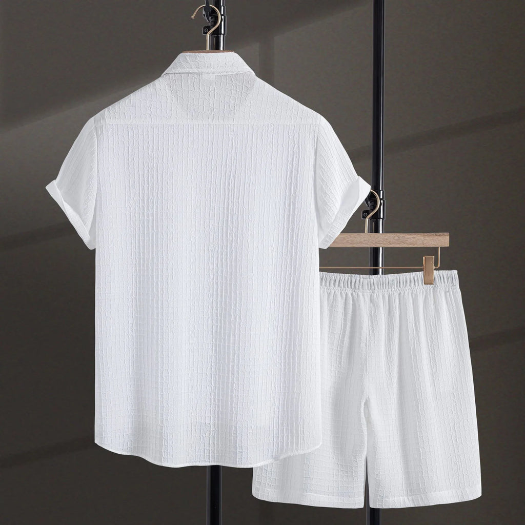 Men's white cotton blend short sleeve shirt and matching shorts casual suit