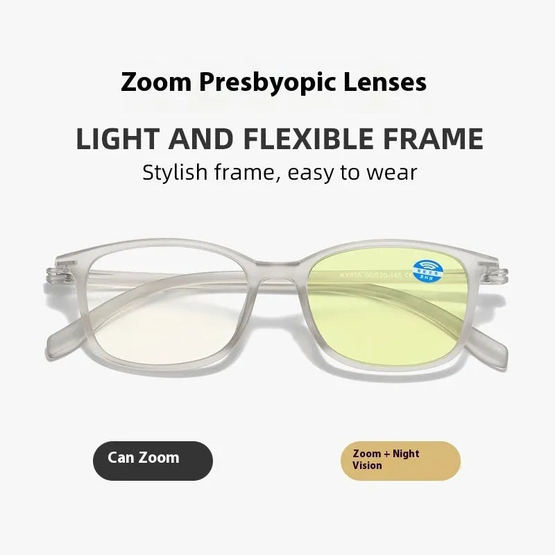 TR90 zoom HD full frame presbyopic glasses with intelligent zoom, shown in blue, black, grey, purple, red, and sand black frame options.