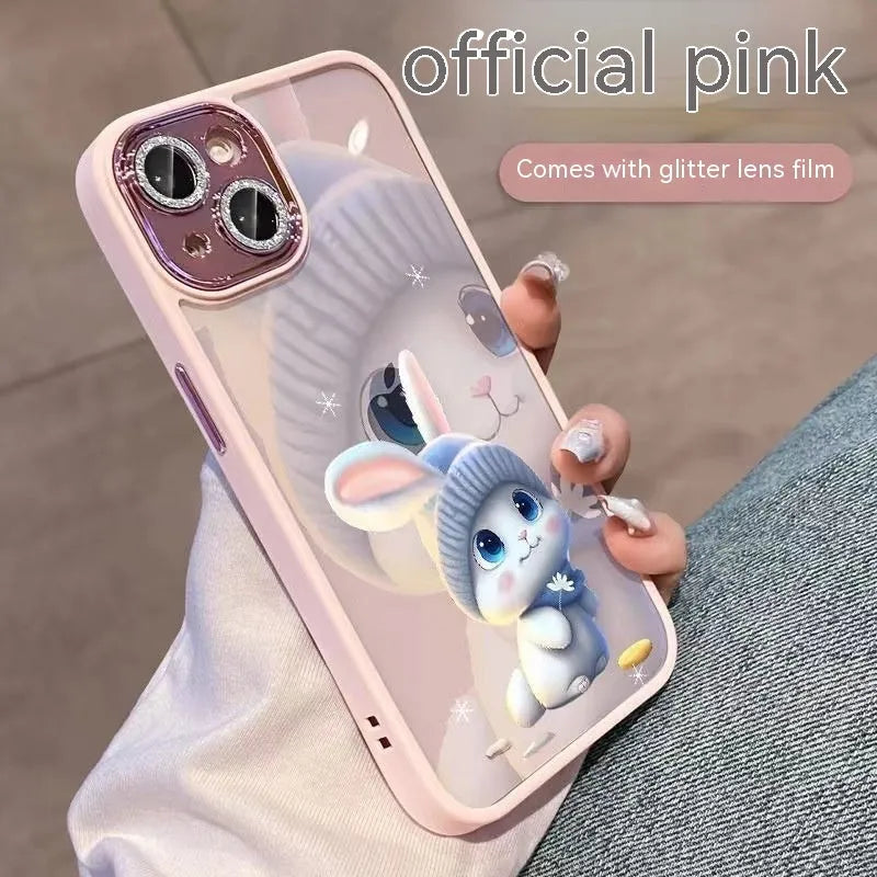 Transparent TPU glitter lens phone case for iPhone with fall protection, deep purple decorative rabbit pattern.