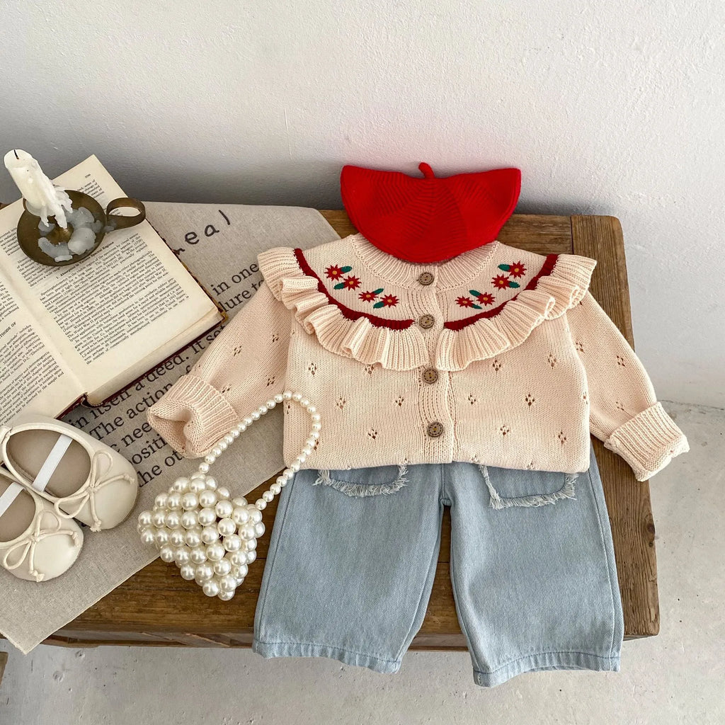 Children's burrs pocket cotton denim cropped pants in denim colour with hairband belt closure