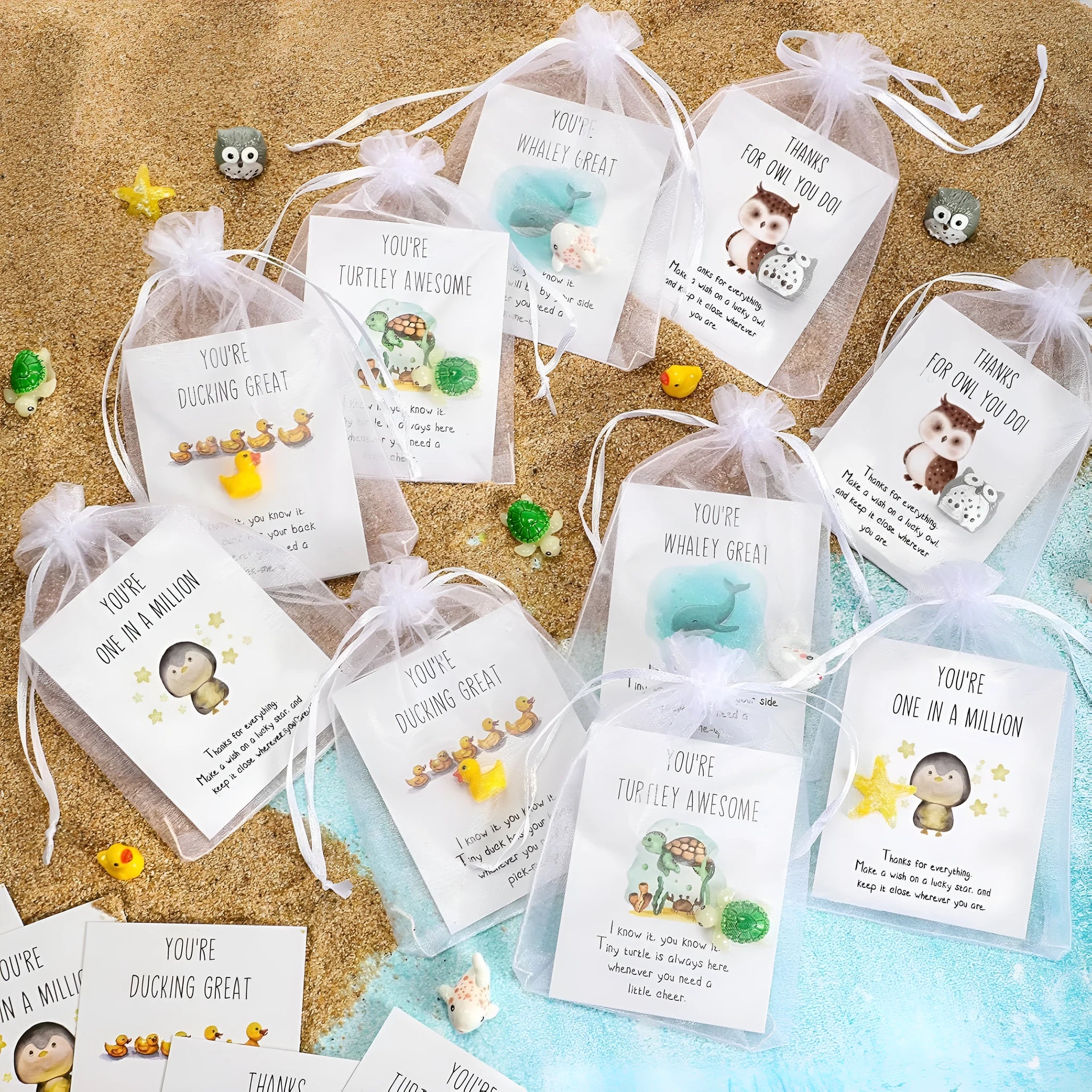 Set of durable resin greeting cards featuring pun designs, arranged showing multiple card quantities.