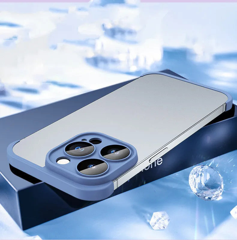 Slim dark purple frameless TPU case for iPhone showing corner padding and integrated glass lens film.