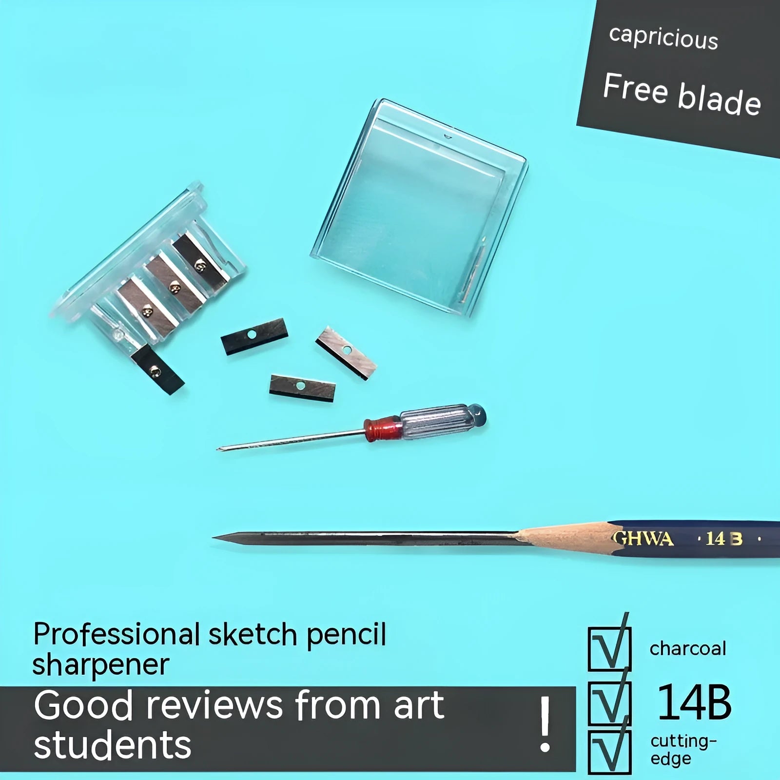 Geometric plastic pencil sharpener with four holes and screwdriver for art supplies