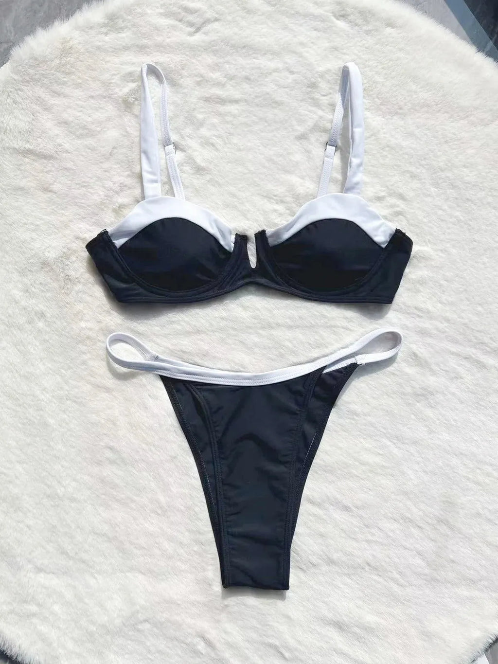 Women's low waist black bikini swimsuit with stitching split detail