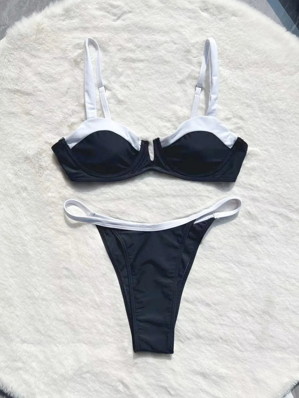 Women's low waist black bikini swimsuit with stitching split detail