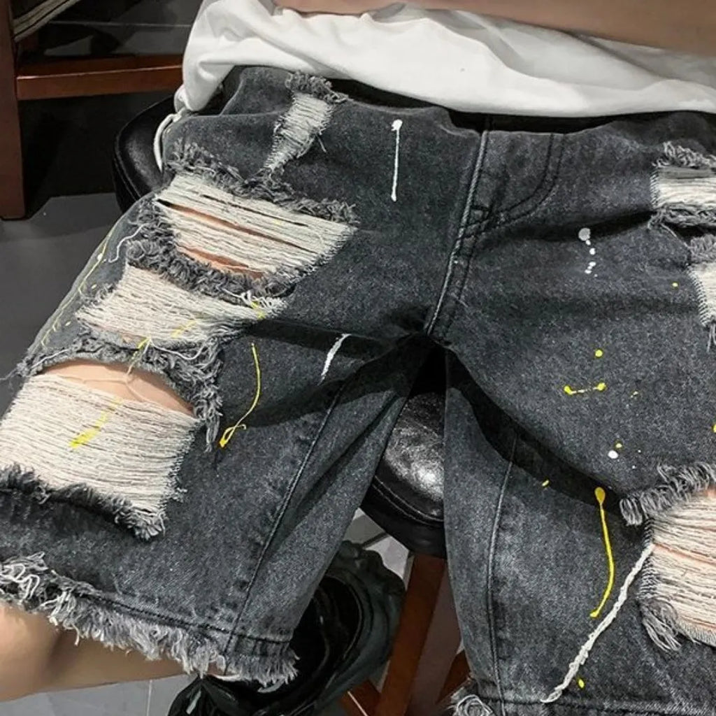 Men's loose fit water washed denim shorts in black polyester cotton blend fabric