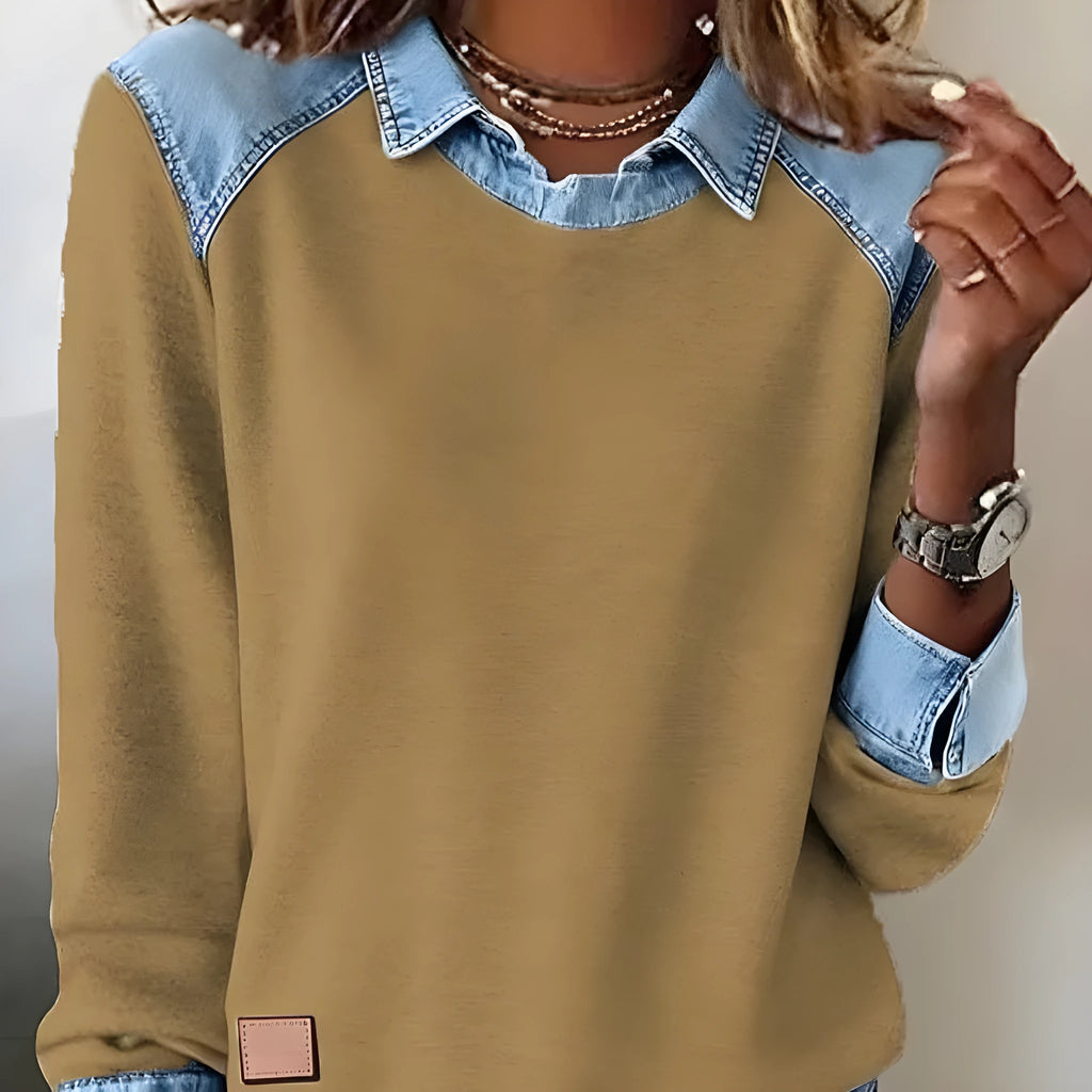 Denim collar long sleeve pullover patchwork knitwear top in solid colour, sizes S to XXXL, polyester fibre