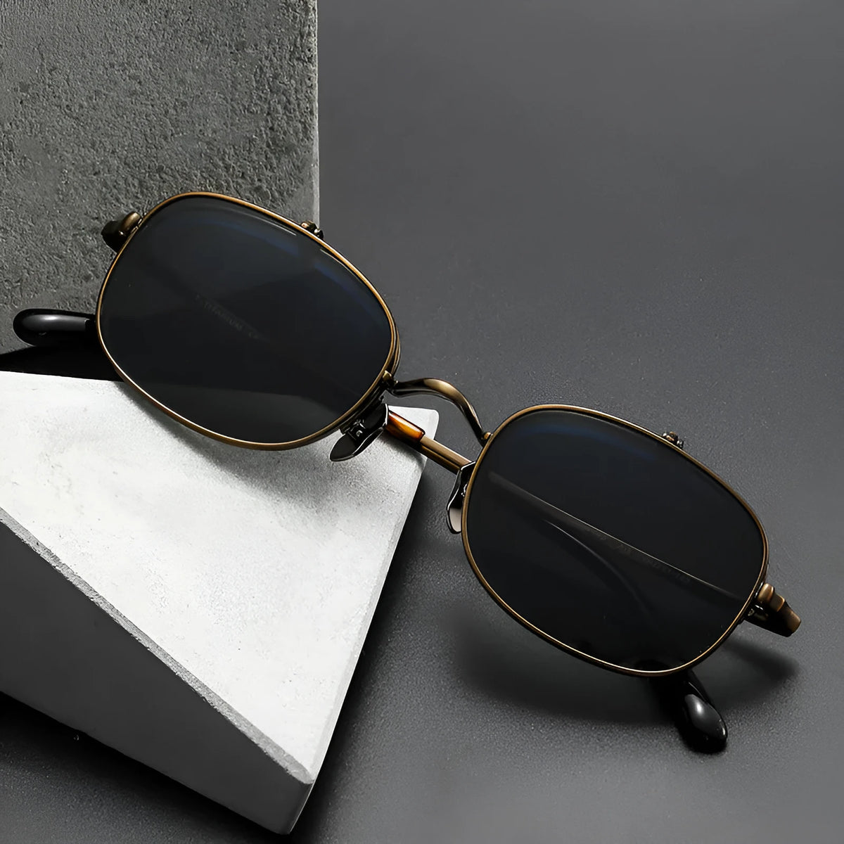 Men's flip-up polarized sunglasses with pure titanium frame in gold, silver, or bronze, black and grey AC lenses, retro box shape.