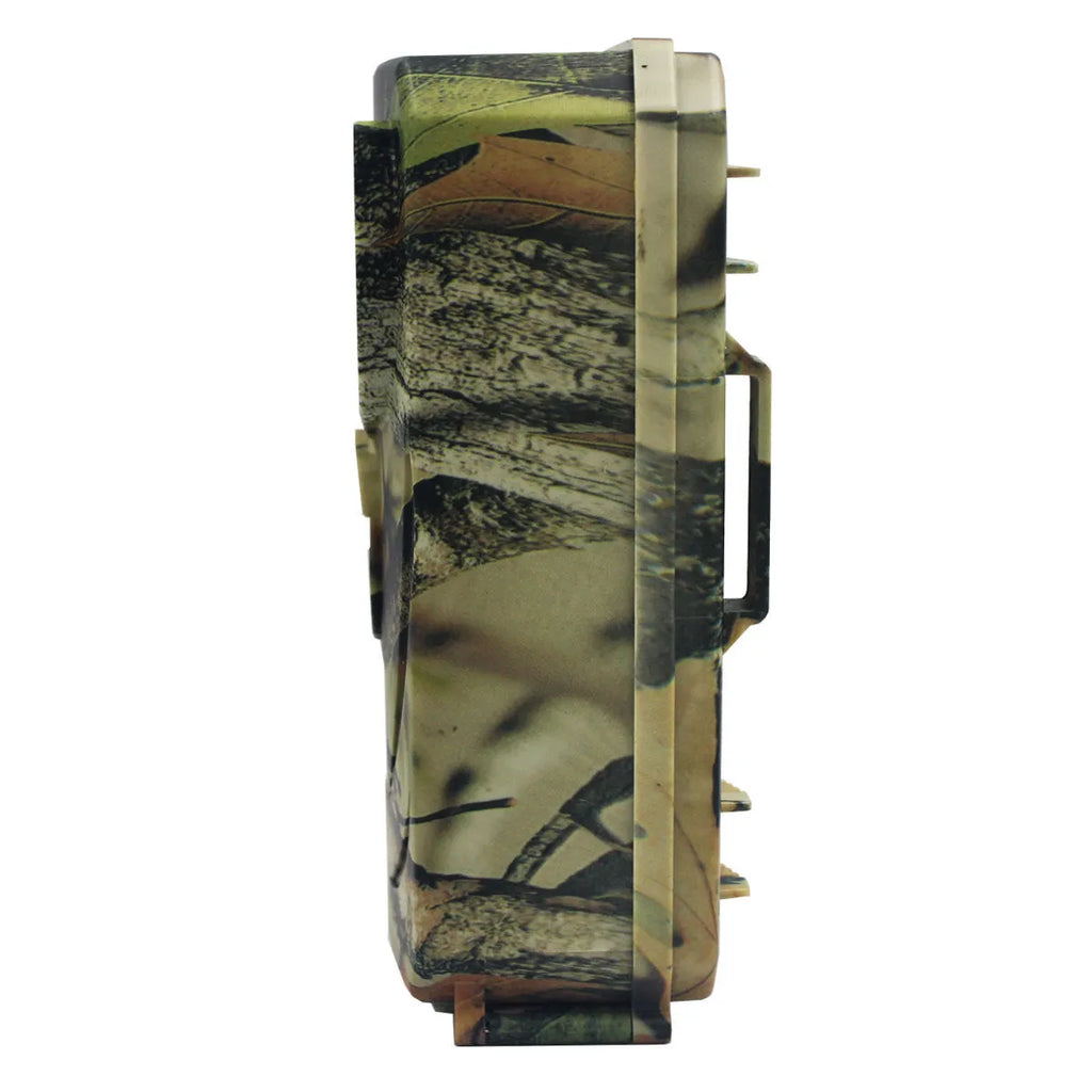 Yellow brown hunting game camera with infrared LEDs and wide-angle lens for outdoor monitoring