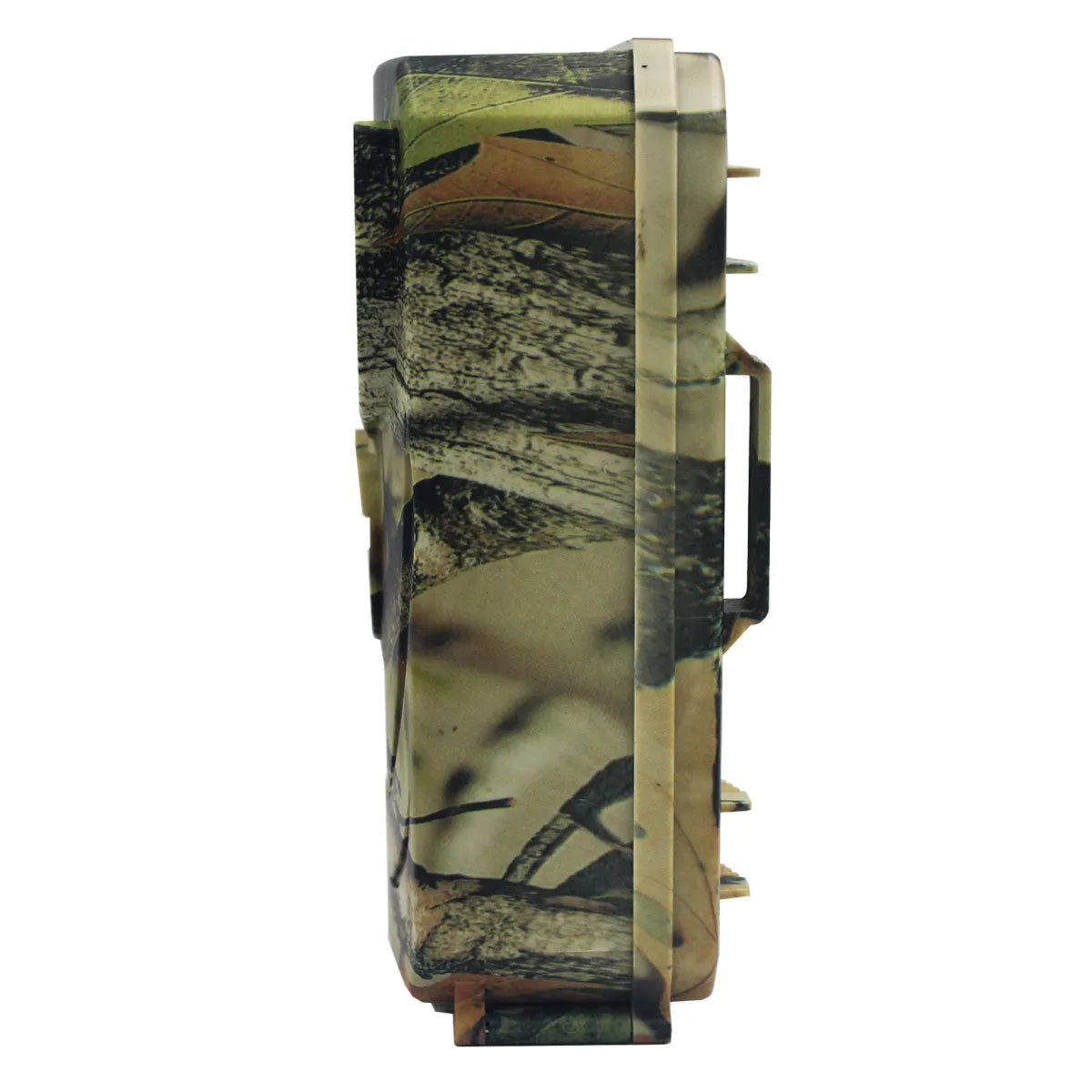 Yellow brown hunting game camera with infrared LEDs and wide-angle lens for outdoor monitoring