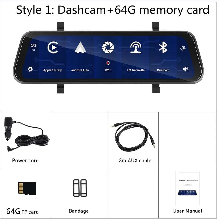9.66 inch mirror-mounted car dash cam with rear view camera displayed with 64GB memory card and installation kit