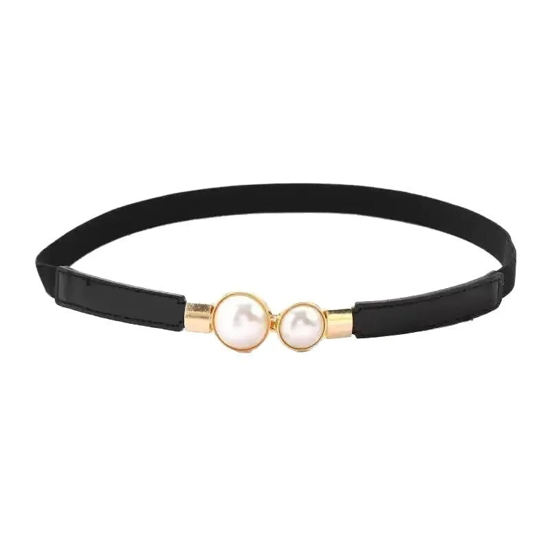 Thin black PU leather women's belt with alloy buckle on jeans
